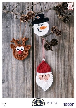 Hæklede hoveder med julemand, rensdyr og snemand