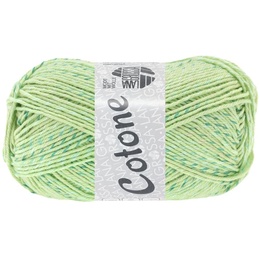 Garn Garnet Cotone Mouliné 517 Grøn med blå og grønne nister er basisgarn i 100% merceriseret og gasset bomuld. Brug det til strikning og hækling