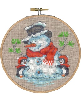 Julebroderi med pingviner og snemand