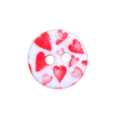 Plastikknap hvid med røde hjerter