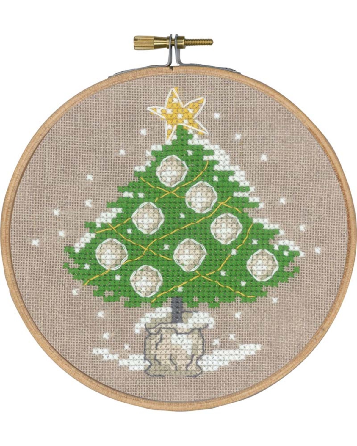 Broderikit til et billede af et juletræ med pynt