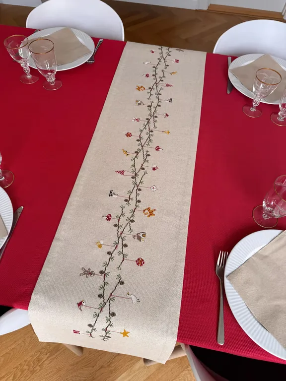Juleløberen Julestemning på et dækket julebord med rød dug, tallerkener og glas