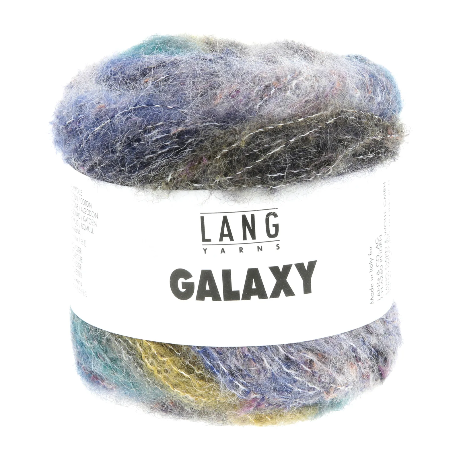 Garnnøgle Lang Yarns Galaxy farve 1189.0004 med jeansblå, petrol, okkergul, grå og grågrøn