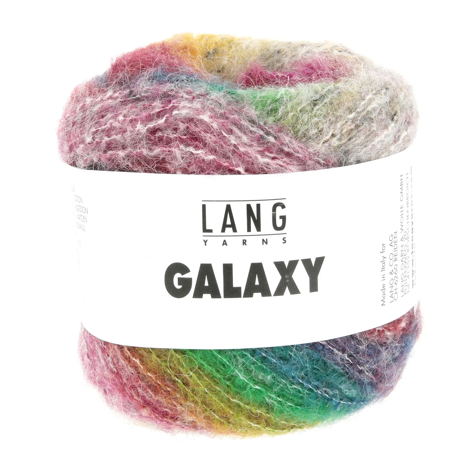 Garnnøgle Lang Yarns Galaxy farve 1189.0005 med grå, hindbær, græsgrøn, okkergul og turkis